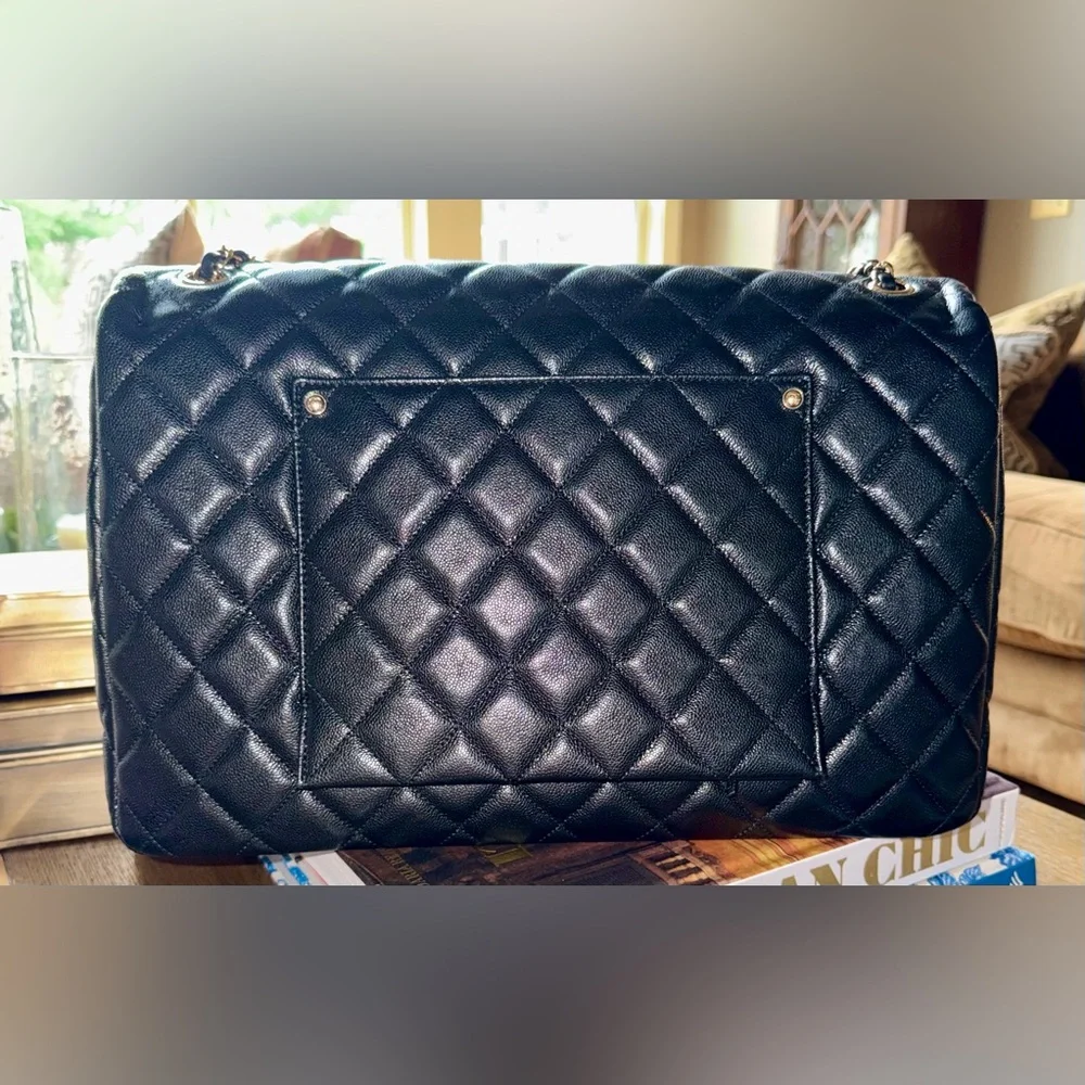 CHANEL XXL Black Caviar leather Classic Airline Travel Flap Bag Gold CC Handbag - Picture 2 of 11